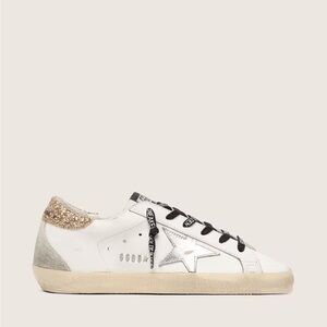 Golden Goose White Leather Sneakers with Silver Star and Gold Glitter Heel Tab